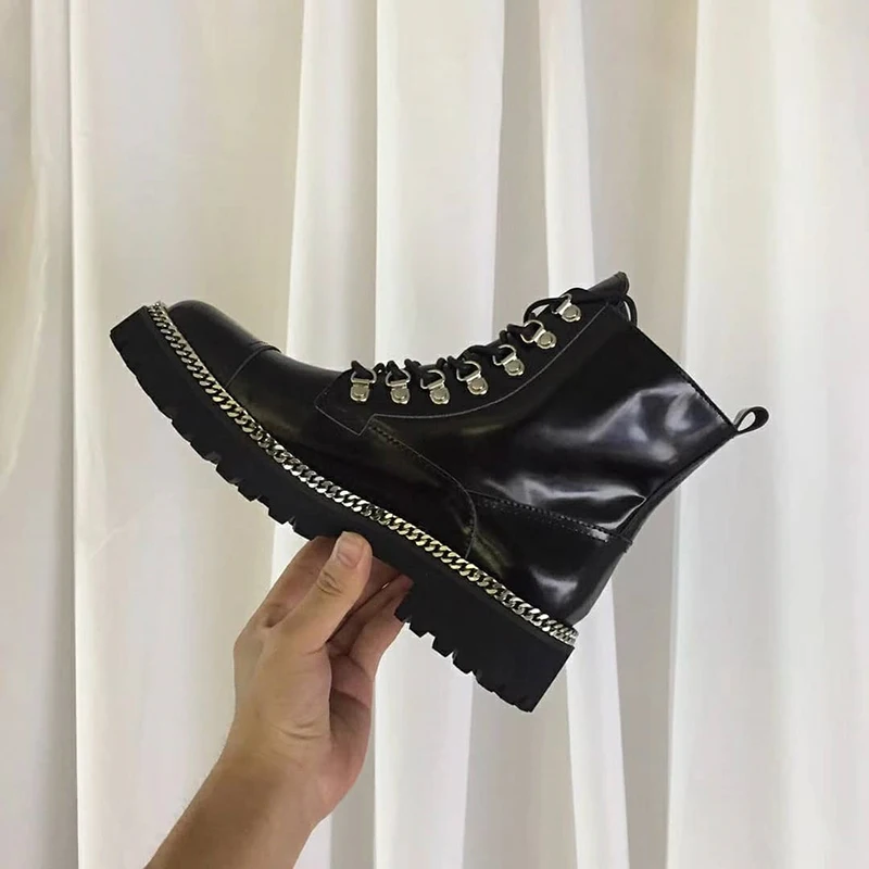 Зимняя обувь для подиума; Bota Feminina; ботильоны с перекрестной шнуровкой; женские черные кожаные ботинки в байкерском стиле на платформе; zapatos De Mujer - Цвет: with short plush