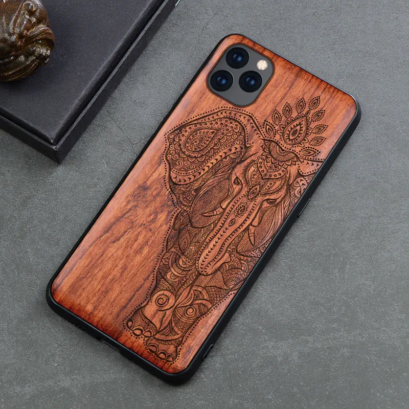 Funda de madera tallada con patrón de calavera de elefante para móvil, carcasa de madera Real para iPhone 11 Pro, XR, XS Max, Samsung S20, S10, Note 10 Plus