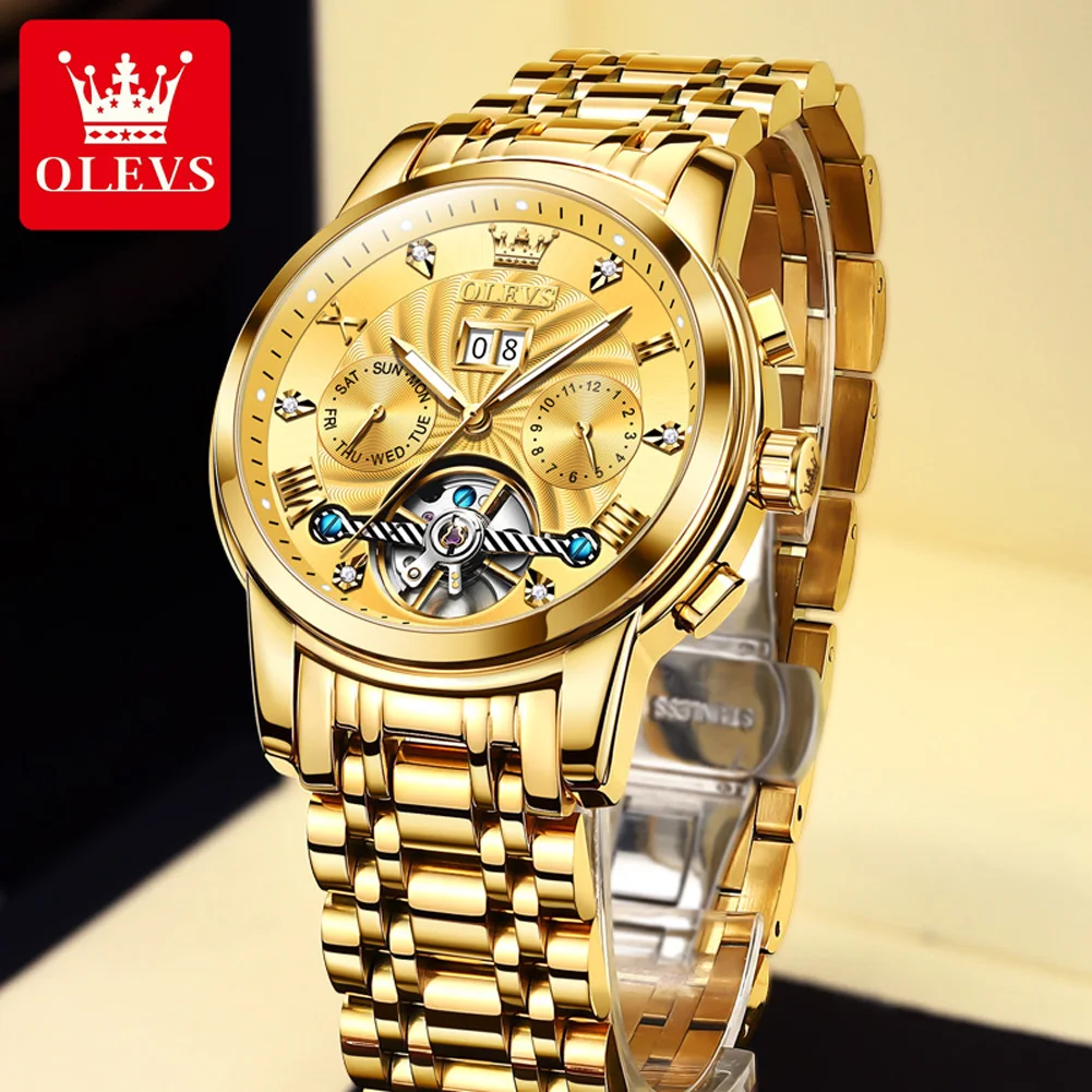 

Olevs top brand self winding mens watch waterproof automatic mechanical hollow multi-function vintage luxury 18K gold wristwatch