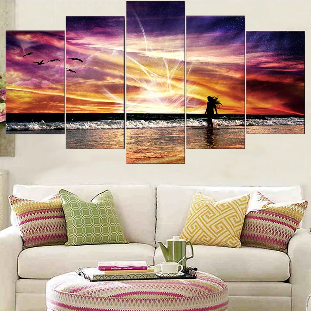 

5 Pieces Wall Art Canvas Painting Seascape Abstract Poster Red Sunset Beach Modern Home Living Room Frame Pictures Decoration