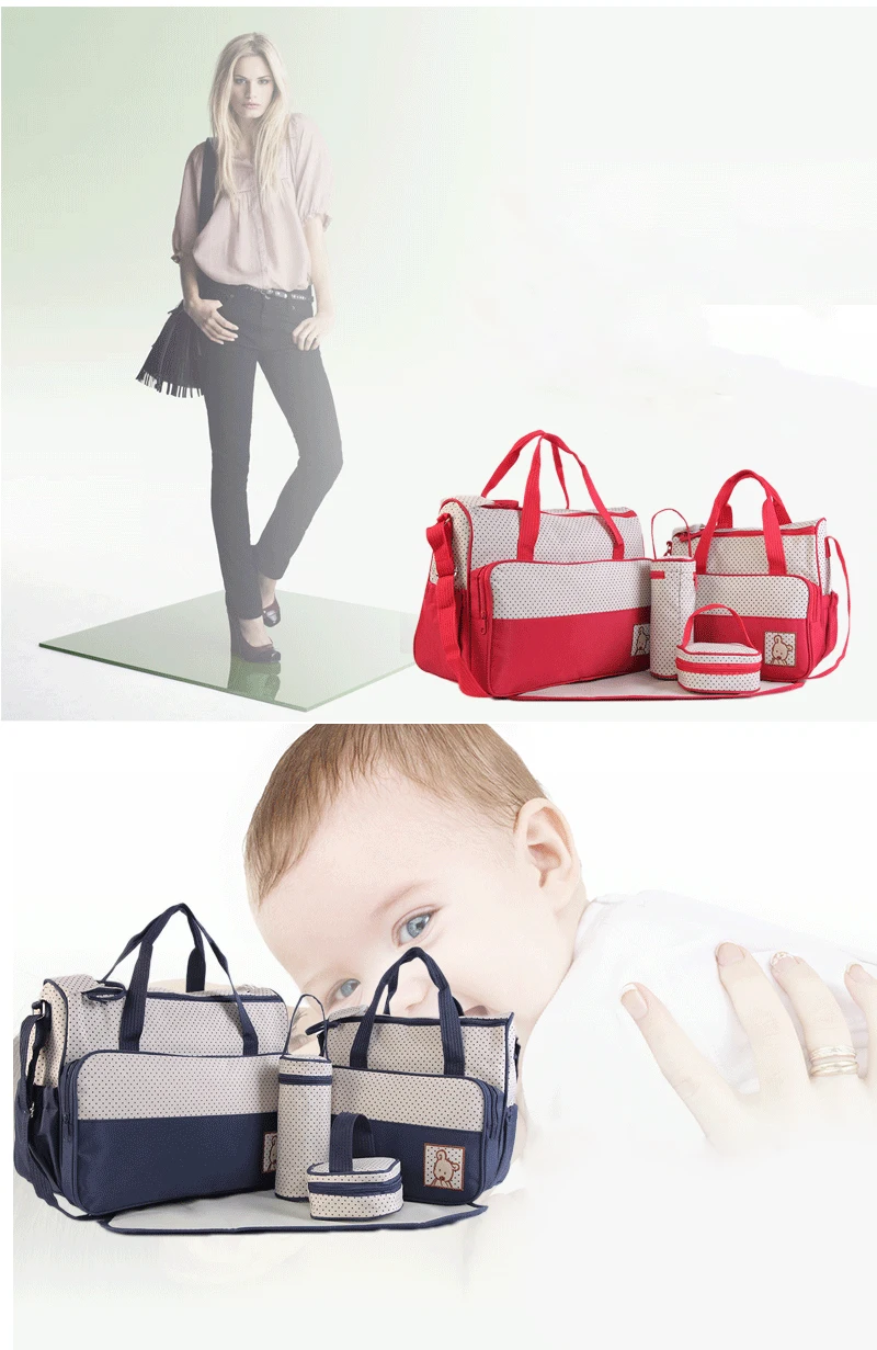 

New Fashion Diaper Backpack for Baby Large Capacity Waterproof Pockets Mummy bag five piece set　Diaper Bag for Mother Travel Bag