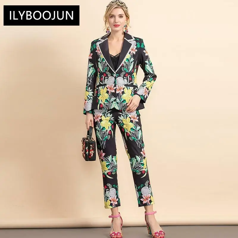 

New 2021 Fashion Designer Autumn Black Pants Suit Women's Long sleeve Flower print Jaket and Pants 2 Pieces Set