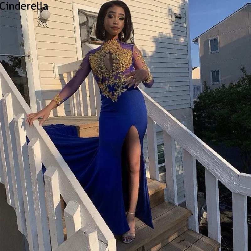 

Prom Dresses High Neck Long Sleeves Side Slit Spandex Satin Mermaid Lace Prom Dresses Zipper Back vestidos de fiesta de noche
