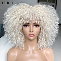 short hair afro kinky curly wigs with bangs for black women cosplay lolita synthetic natural blonde white pink blue green wig