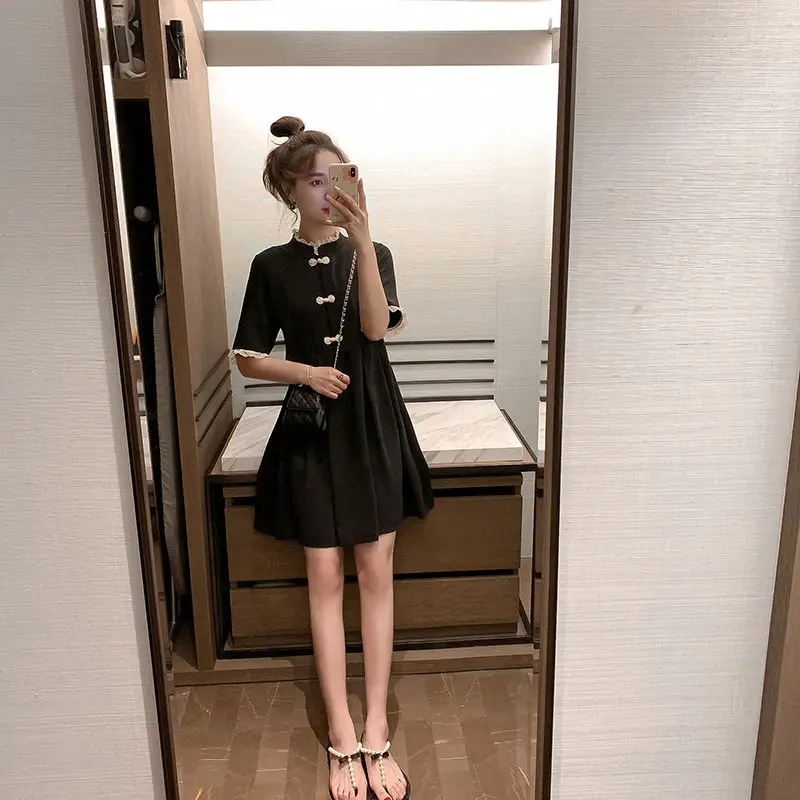 Модное черное платье с воротником-стойкой и коротким рукавом женские вечерние