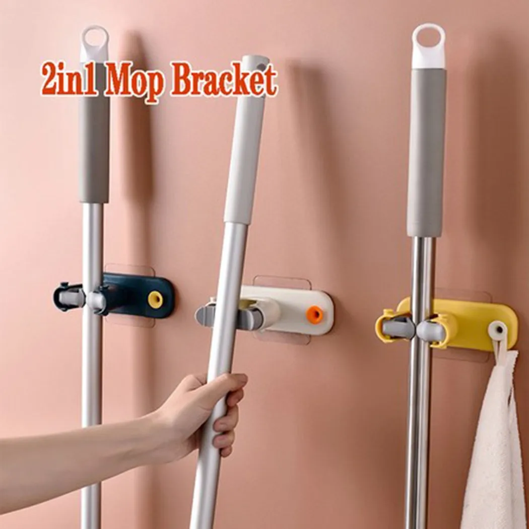 

2 In1 Punch-Free Broom Holder Mop Handle Wall Mounted Mop Gripper Self Adhesive Mops Rake for Kitchen Bathroom Garage Organizer