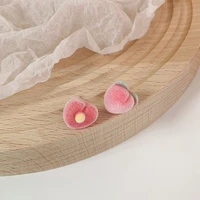 korean sweet pink soft pluffy fruit peach stud earring for women asymmetric flocking cute party earring jewelry pendientes
