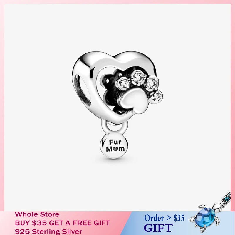 

2020 HOT New 925 Sterling Silver Beads Sparkling Paw Print & Heart Charms fit Original Pandora Bracelets DIY Jewelry Women