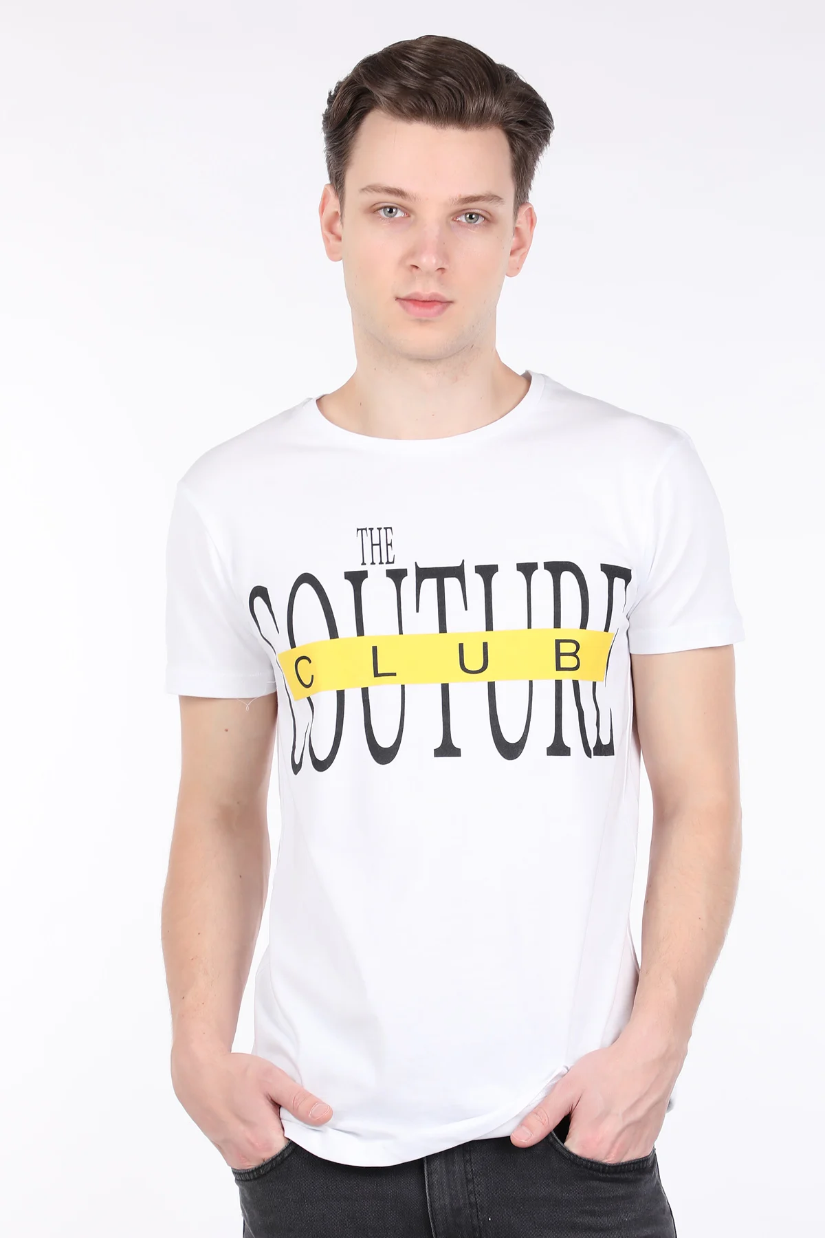 

Male White Couture Printed Bicycle Neck T-shirt