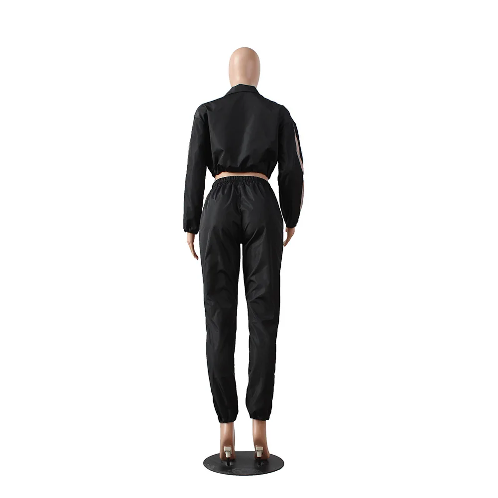 

New Women Long Sleeve Reflective Patchwork Turn-down Neck Skinny Pencil Pants Sexy Two Pieces Sets Outfits Tracksuits Streetwear