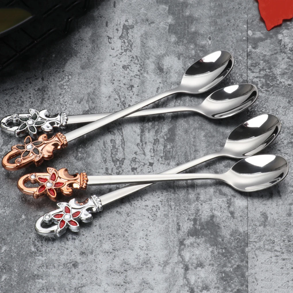 1/4pcs 304 Stainless Steel Teaspoon Long Handle Flower Head Spoon Coffee Soup Drink Cereal Dessert Dinning | Дом и сад