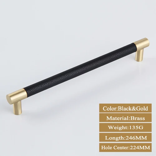 Black Gold 224MM 1 шт. ручки для шкафа/Ручки Латунный шкаф для шкафа черный/коричневый кожаный дверные ручки высокое качество домашний декор - Цвет: Black Gold 224MM