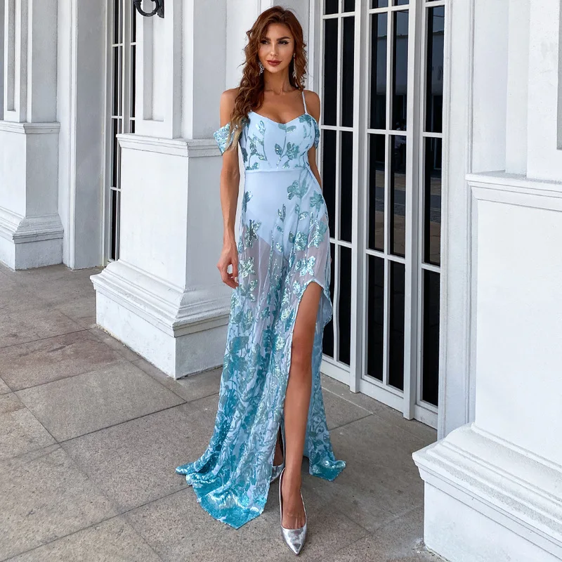 

Sexy See through Mesh Sequin Print Summer Maxi Dress Women A-Line Off Shoulder Slit Dresses Party Dress vestidos