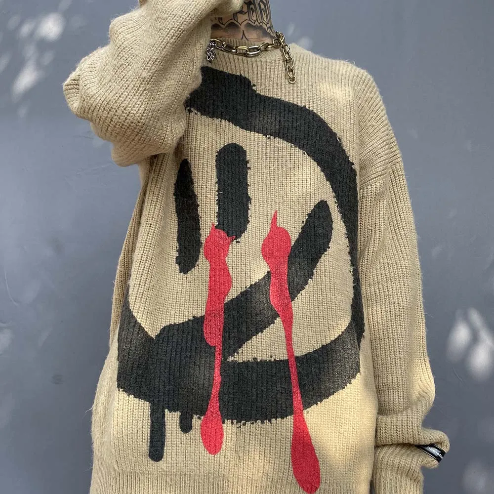 

UNCLEDONJM Smile graffiti sweater HIP HOP pullover men Oversized vintage sweater men clothing winter clothes UMY07