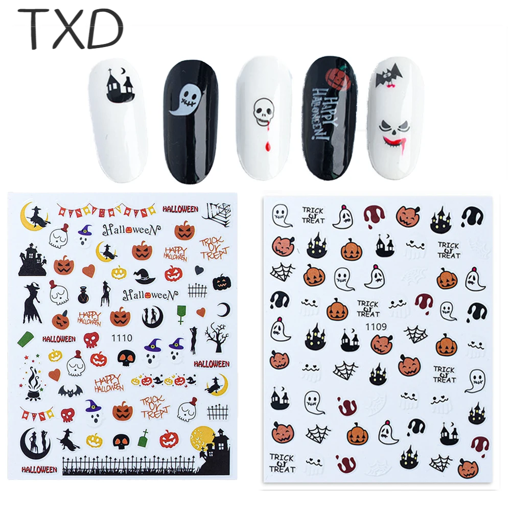 

TXD Funny Holiday Self-Adhesive Cartoon Nail Stickers Coloful Abstract Image Pumpkin Skull Halloween Nail Sticker Casual