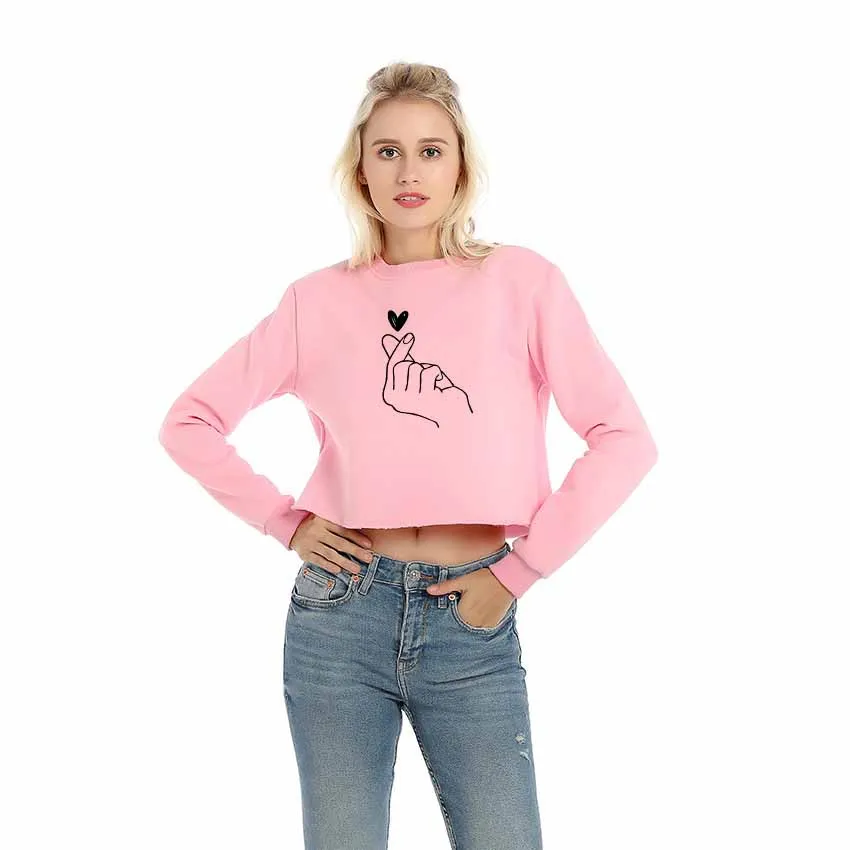 

Brand Women SweatshirtsFinger Heart Love Pattern Cotton Sweatshirts Round Neck Short Paragraph Hoodies Spring Women Clothing
