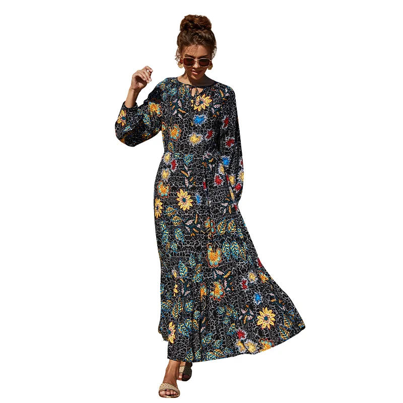 

Fashion Early Spring Printed Dress Casual Long-Sleeved Loose Big Swing Skirt Square Collar Sweet Temperament High-Waist Skirt