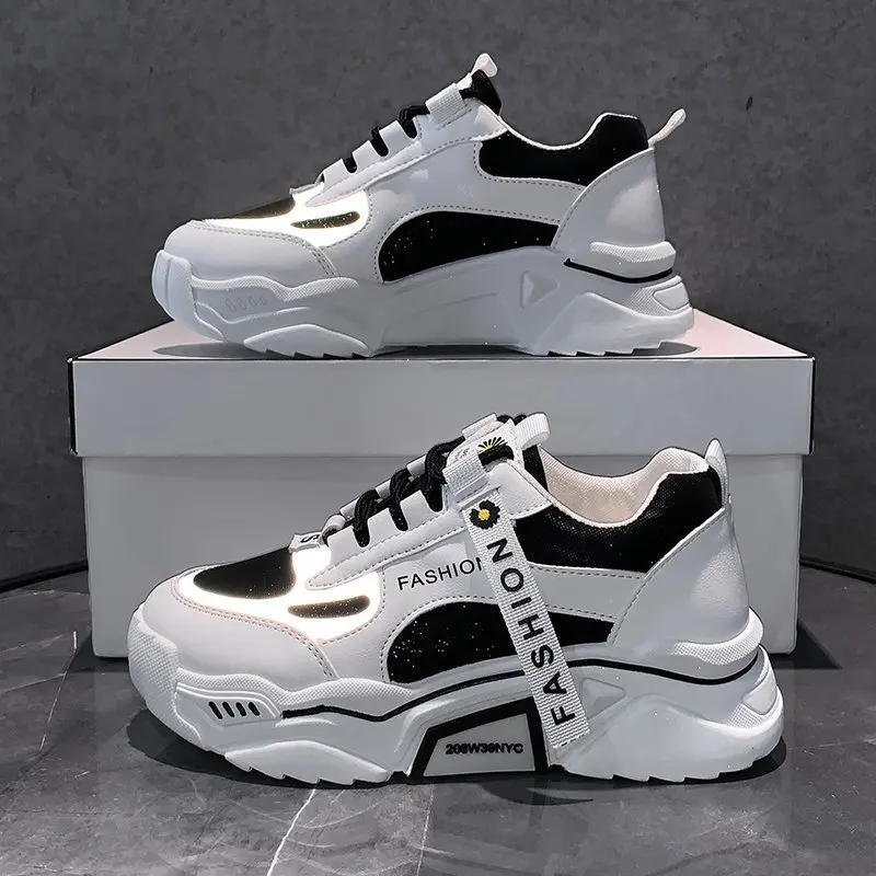 

Fashion Spring Reflective Platform Sneakers Women Shoes Korean Lace Up Chunky Sneakers Mixed Color Women's Vulcanize Shoes