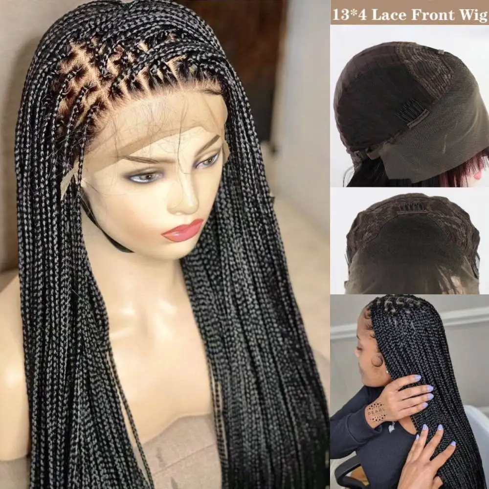 13*4 Braided Wigs Lace Front Handmade Micro Braided Straight Synthetic Hair Small 3X Long Braiding Hair Wigs with Baby Hair