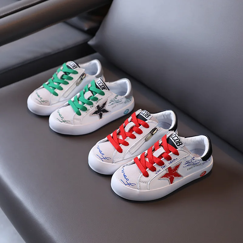 

Children's board shoes 2021 new boys genuine leather breathable graffiti sneakers girls star white shoes