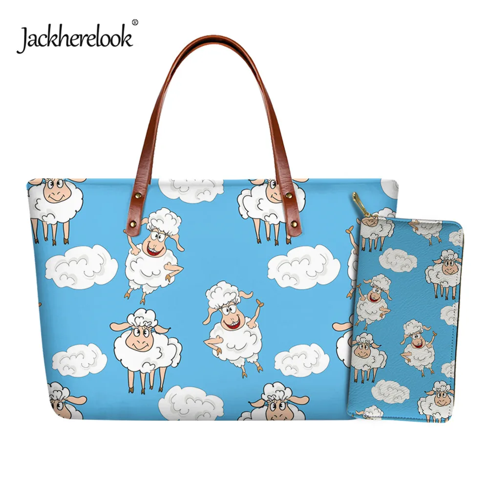 

Jackherelook Cute Cartoon Sheep Print Women Shoulder Bag Long Section Wallet 2pcs/Set Female Casual Tote Handle Bag Coin Purse