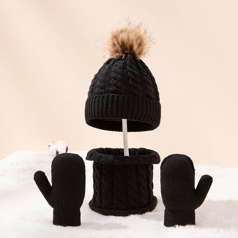 

Теплые шапки, перчатки для детей, шапки с кольцом и шарфом с помпонами, вязаные шапки, перчатки, шарф, 3 предмета, уличная мода, детская зимняя ...