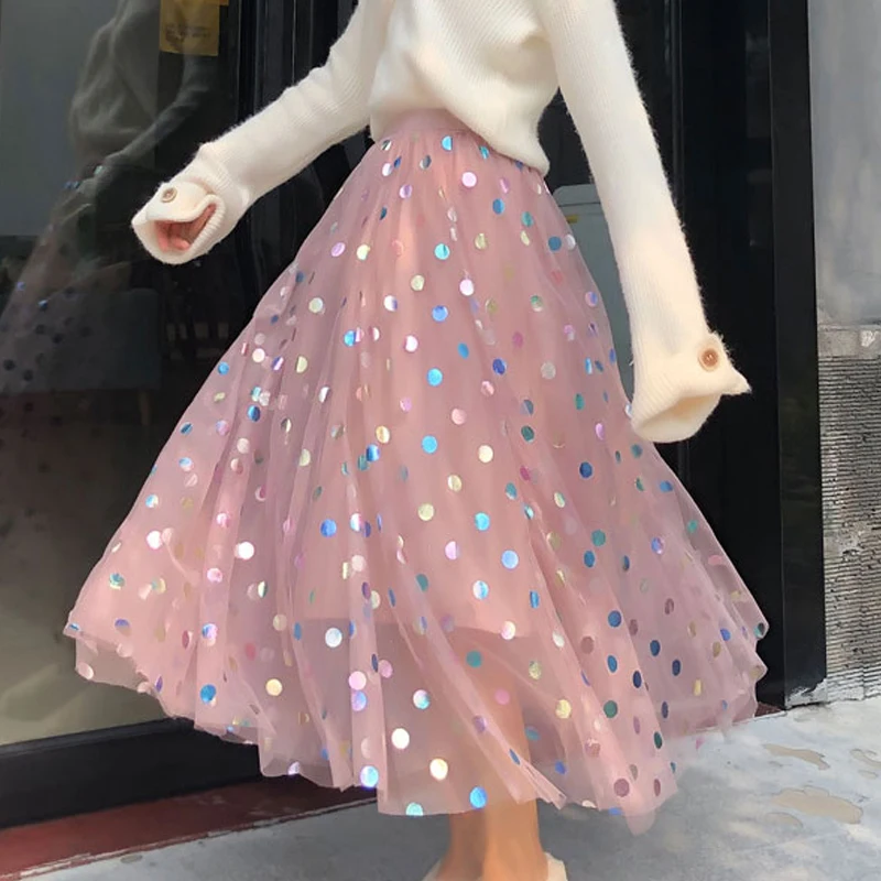 Женская длинная сетчатая юбка с блестками весна лето осень 2020 в Корейском стиле