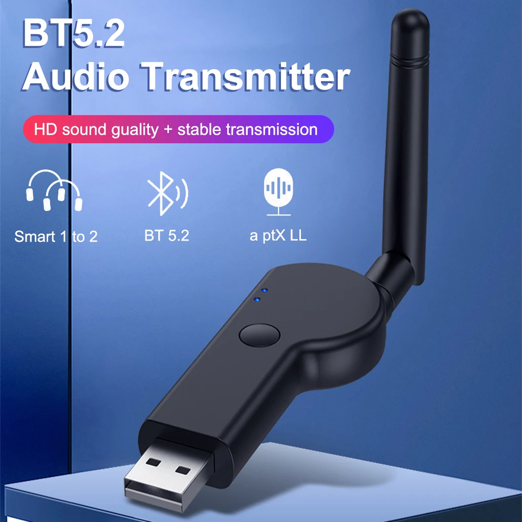 

Bluetooth 5,2 передатчик 3,5 мм аудио передатчик низкая лантенция беспроводной адаптер для ТВ ПК динамик с внешней антенной