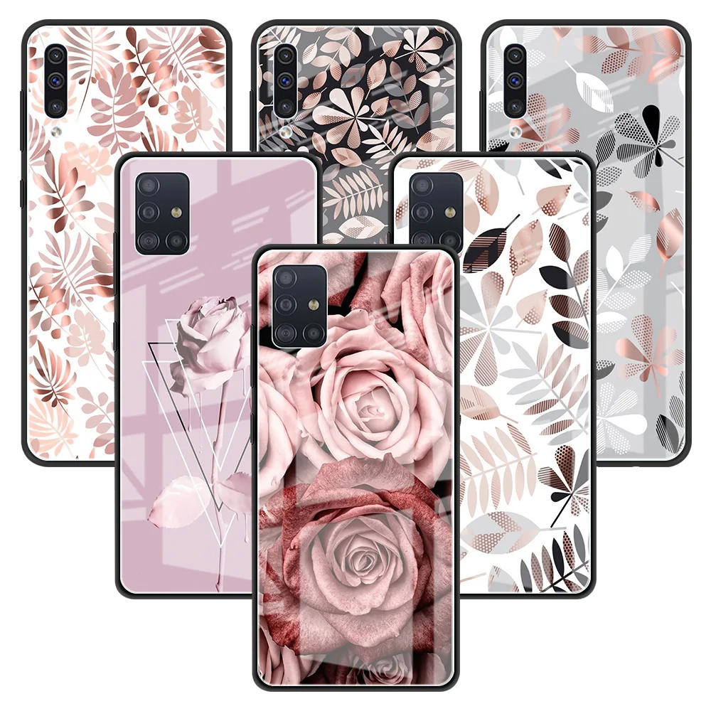 

Glass Phone Case For Samsung Galaxy A51 A50 A71 A52 A70 A21s A72 A31 M31 M51 A30 A10 Tempered Back Capa Fashion Flower Leaf