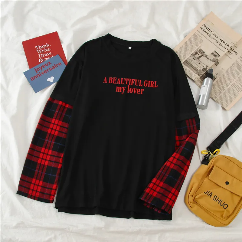 Черный Женская футболка с буквенным принтом, Harajuku Kawaii Ulzzang, топы, уличная одежда, 2 штуки, клетчатые рукава, футболка для друзей, Femme - Цвет: Черный