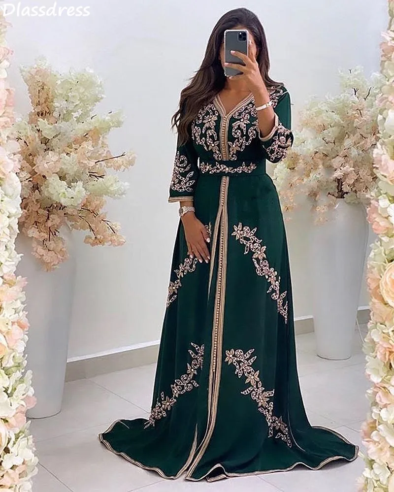 

2020 Dark Green Evening Dress Satin A-line Applique Beading Long Sleeves V-neck Elegant Floor Length Prom Dress вечернее платье