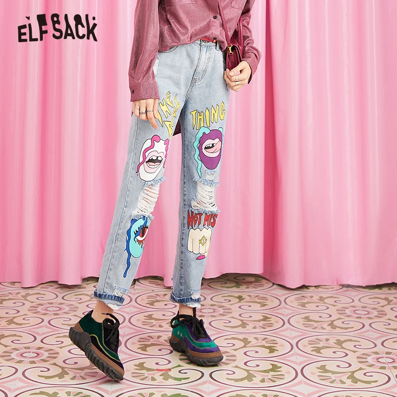ELFSACK женские джинсы с мультяшным принтом, уличная одежда, повседневные женские джинсы с дырками, осень, модные прямые женские джинсы со средней талией
