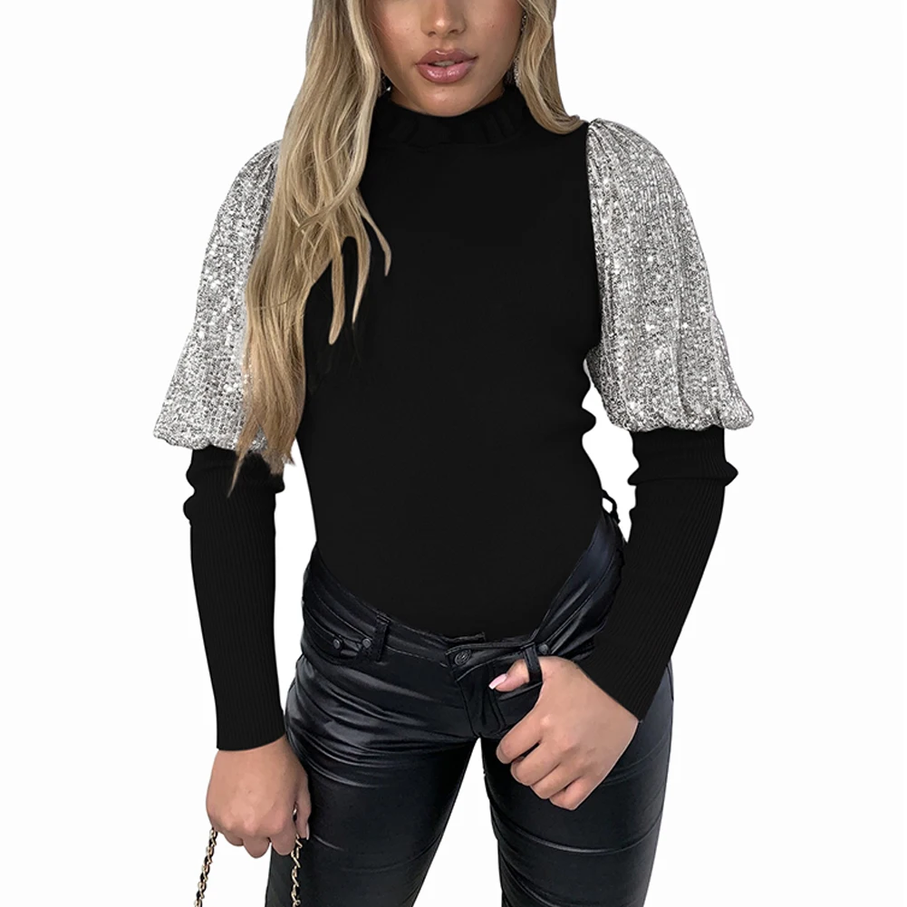 

Женские рубашки в рубчик с высоким воротником, осенне-зимние топы с пышными рукавами и блестками, Офисная Женская блузка, топы, женские обле...
