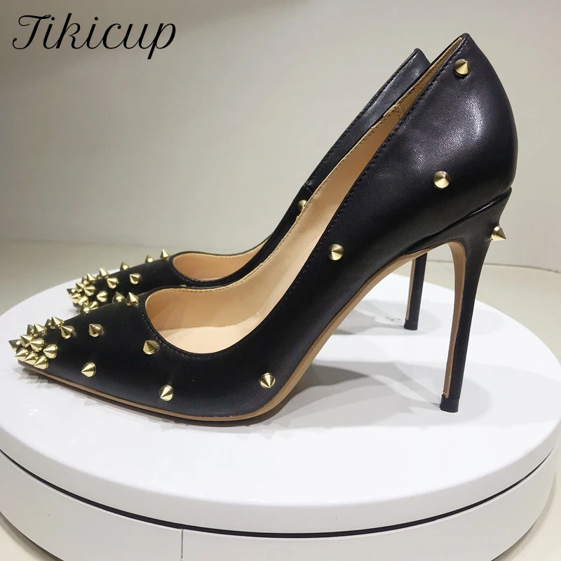 

Tikicup Black Matte Women Golden Spikes Sexy Stiletto Pumps Pointy Toe Extremely High Heel Shoes for Wild Ladies Size 33 44 45