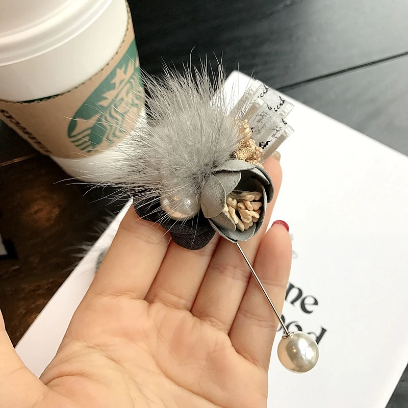 Корейский весенний норковый шар ткань цветок броши с искусственным жемчугом для