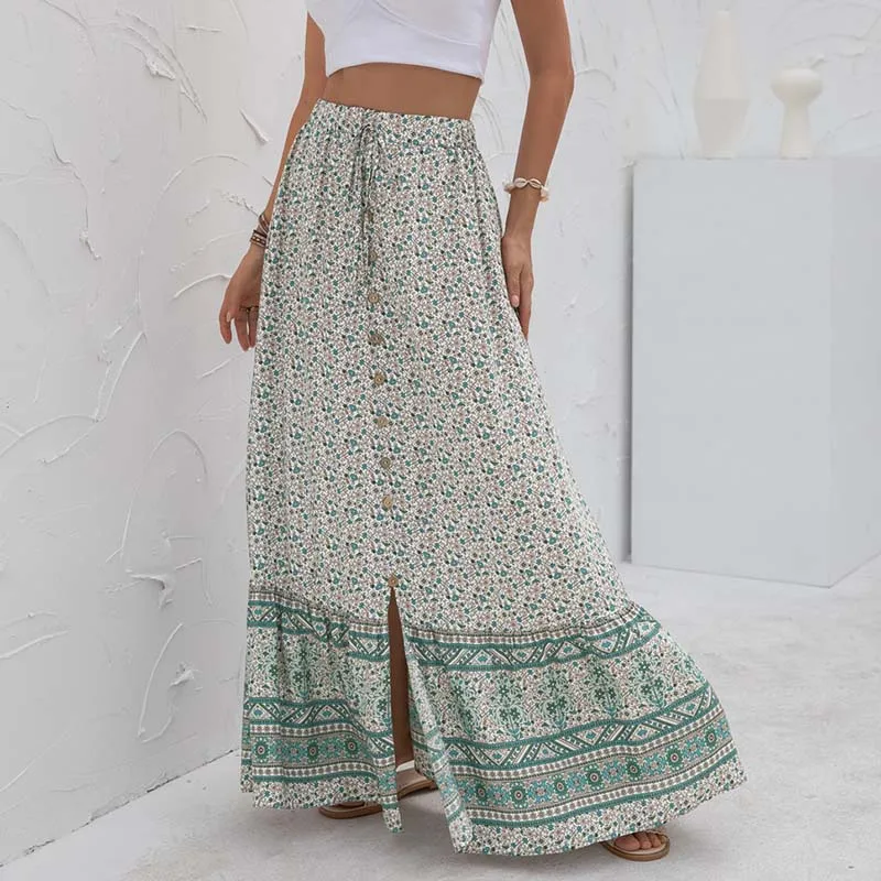 

Sale Summer New Women Print Skirt Casual Loose High Waist Vintage Button Split Fork Ankle Length Streetwear Beach Ladies Skirts
