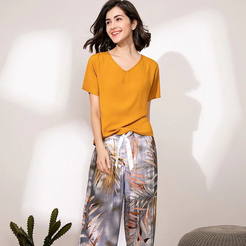 

NEW Summer Pajamas Set Women Sleepwear Female Casual Floral Printing Contrasting Color Pyjamas Tops with Long Trousers Homewear