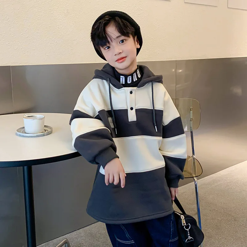 

Children Clothes Kids Loose Hip-hop Hooded Pullover Tops Boys Contrast Color Stitching Sweatshirt Teen Casual Sport Thick Sweats