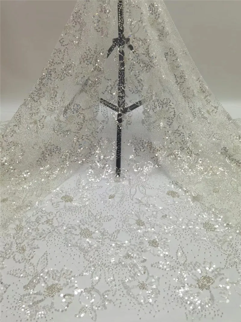 

XIYA 2021 Latest White Color Lace High Quality French Mesh Sequins Laces Fabric For Nigerian Wedding Party Dress NI5122-2