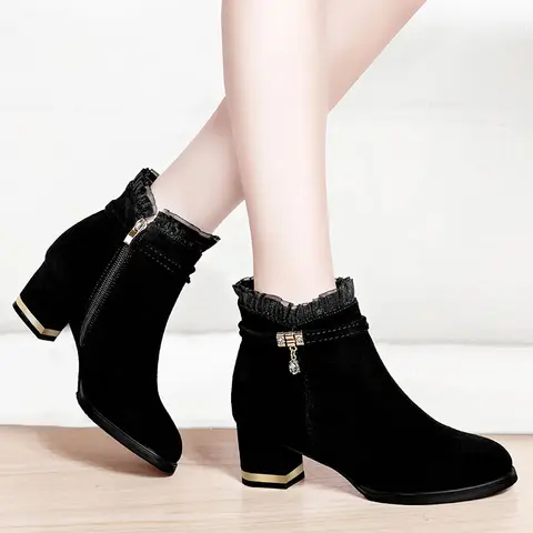 2020 Новые Элегантные ботильоны женские короткие ботинки на шнуровке женские модные вечерние туфли на высоком каблуке классические черные замшевые ботинки