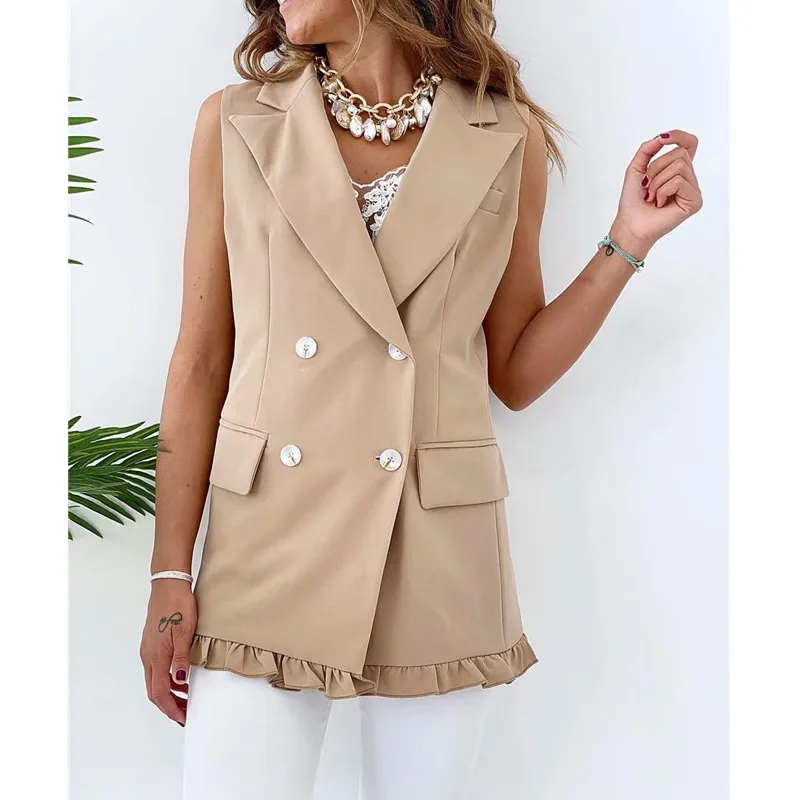 Стильный шикарный двубортный жилет цвета хаки с оборками женский модный