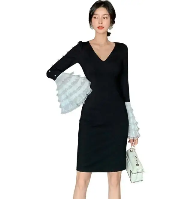 

Autumn Black Bodycon Dress Fashion Sexy V-neck Hit Color Ruffle Slim Fit Bodycon Dress Women Fall Party Dress