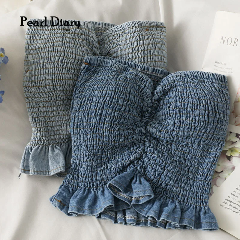 

Pearl Diary Women Denim Tube Tops Summer Sleeveless Ruffle Edge Sexy Fitted Tops Elastic Shirring Smocked Ruched Front Chic Tops