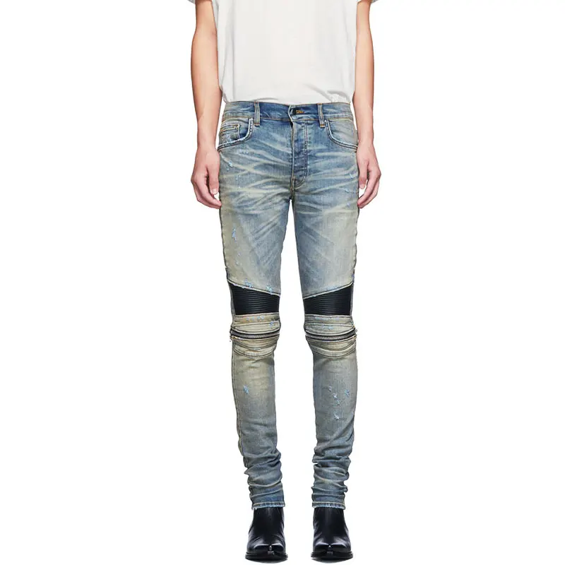 American Street Fashion Men Jeans Retro Blue Elastic Slim Fit Ripped Jeans Men Spliced Designer Hip Hop Denim Punk Biker Pants