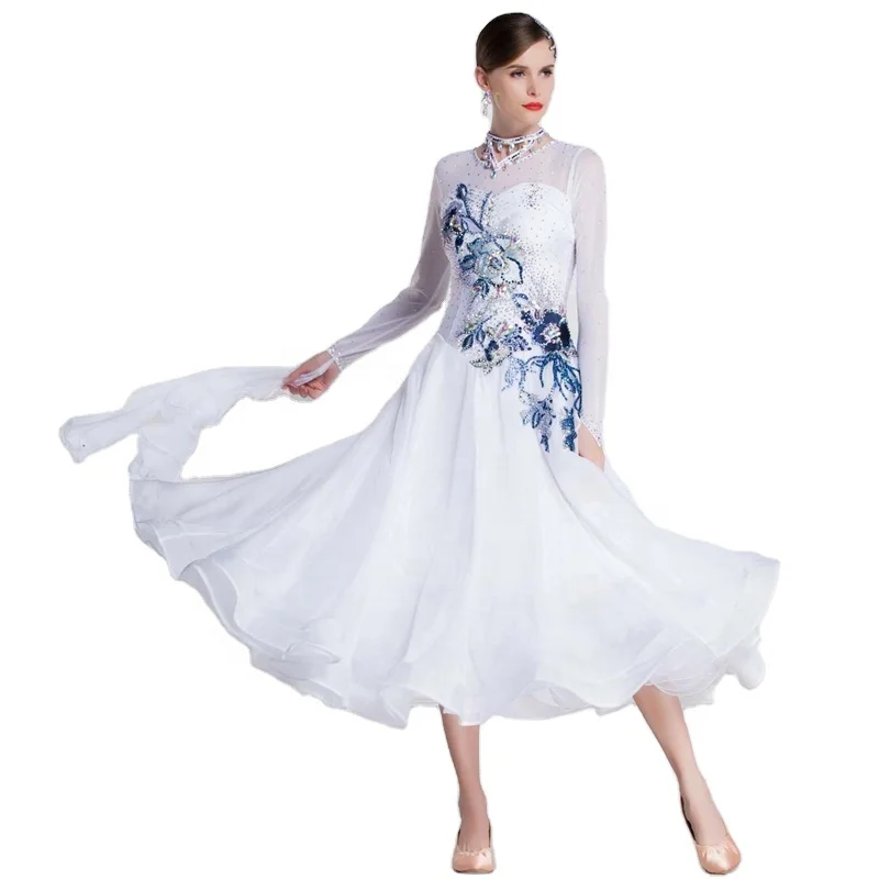 

B-18413 Custom Hot Sale White Ballroom Smooth Competition Dance Dress High-end Modern Ballroom Dance Dress For Adults