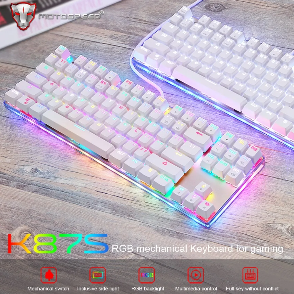 Motospeed K87S ABS USB2.0 Проводная Механическая клавиатура с RGB подсветкой синий переключатель для компьютерных игр и связывания белый 1,8 mCable
