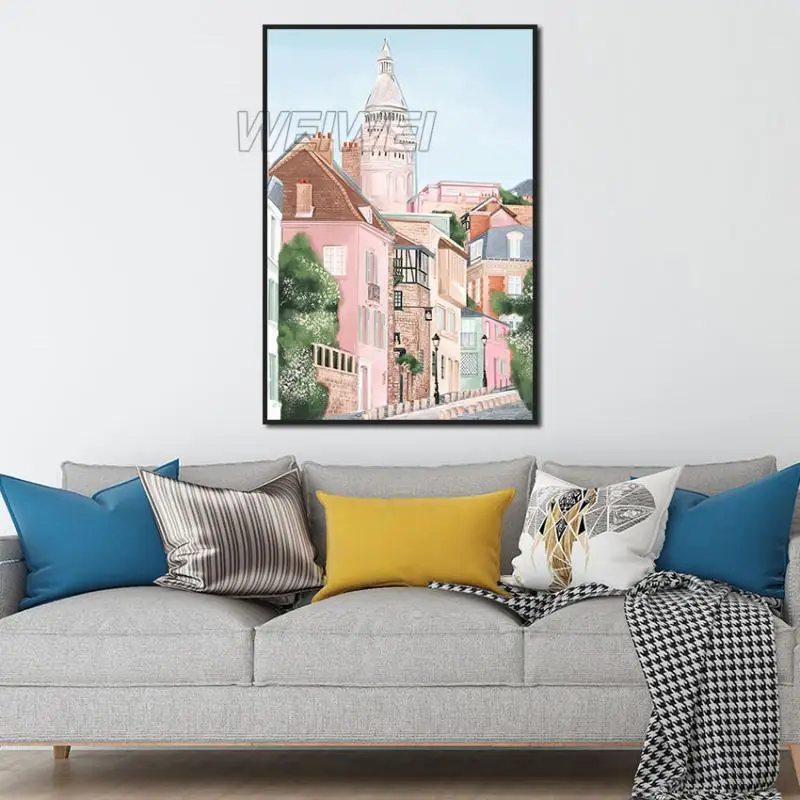 

Landscape Painting Home Decoration Pink House Art Canvas Poster Hd Printing for Bedroom and Living Room Frameless Style