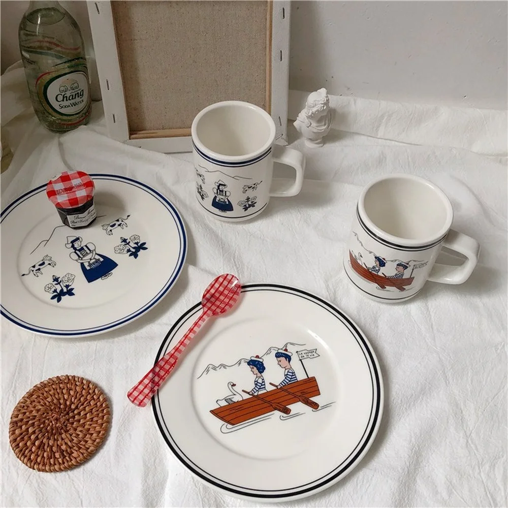 

plates and bowls set dinnerware kawaii plate Japanese glazed ceramic plate creative painted decoration fruit salad steak cutlery