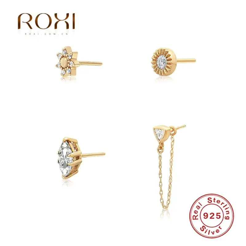 

ROXI 4pcs Simple Crystal Flower Round Triangle Earrings For Women 925 Sterling Silver Stud Earrings Jewelry Pendientes Plata 925