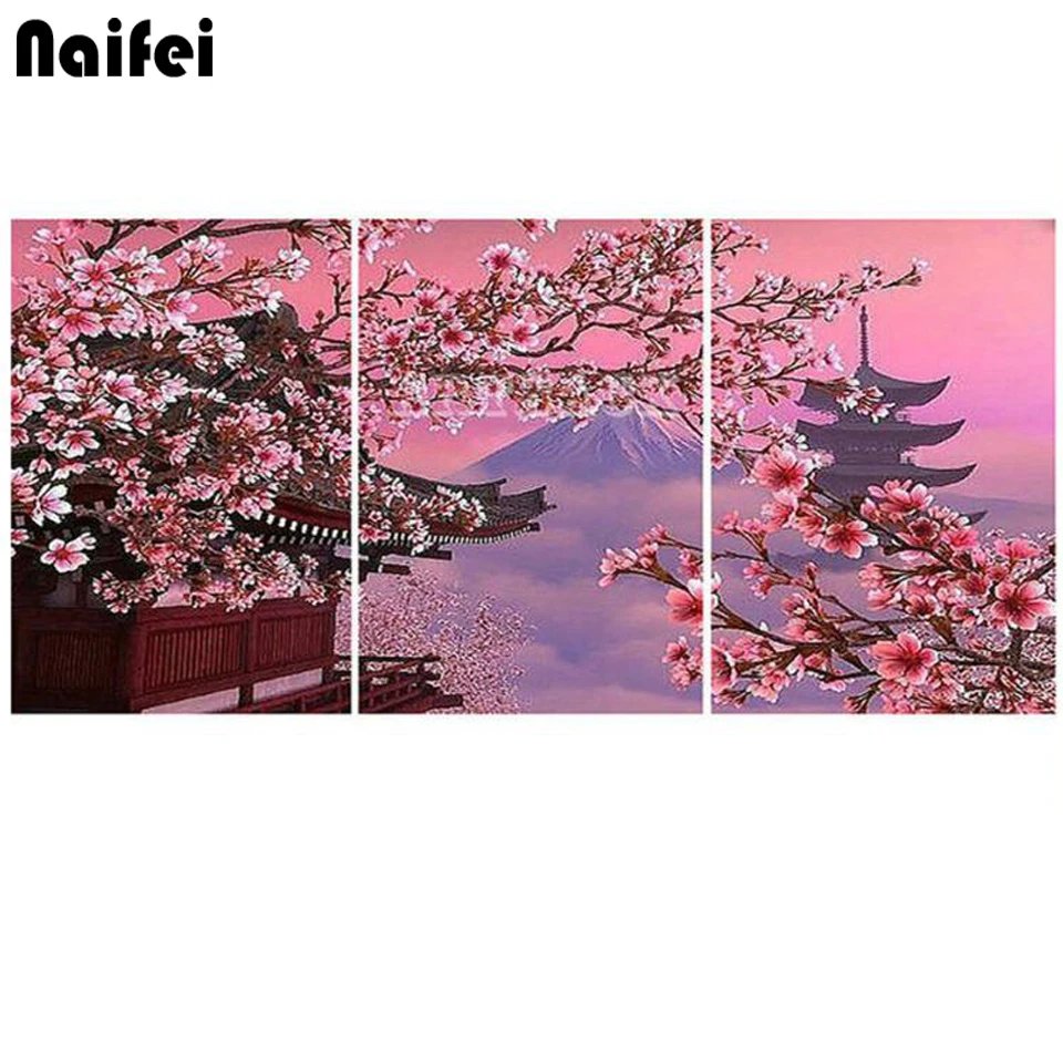 Алмазная 5D картина с японскими храмами вишневого цветка полноформатная